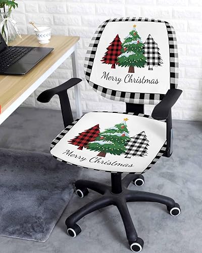 Miniatura 2 de Funda para silla de oficina de diseño de búfalo de Navidad, diseño de búfalo negro, blanco, a cuadros, protector y elástico para silla de