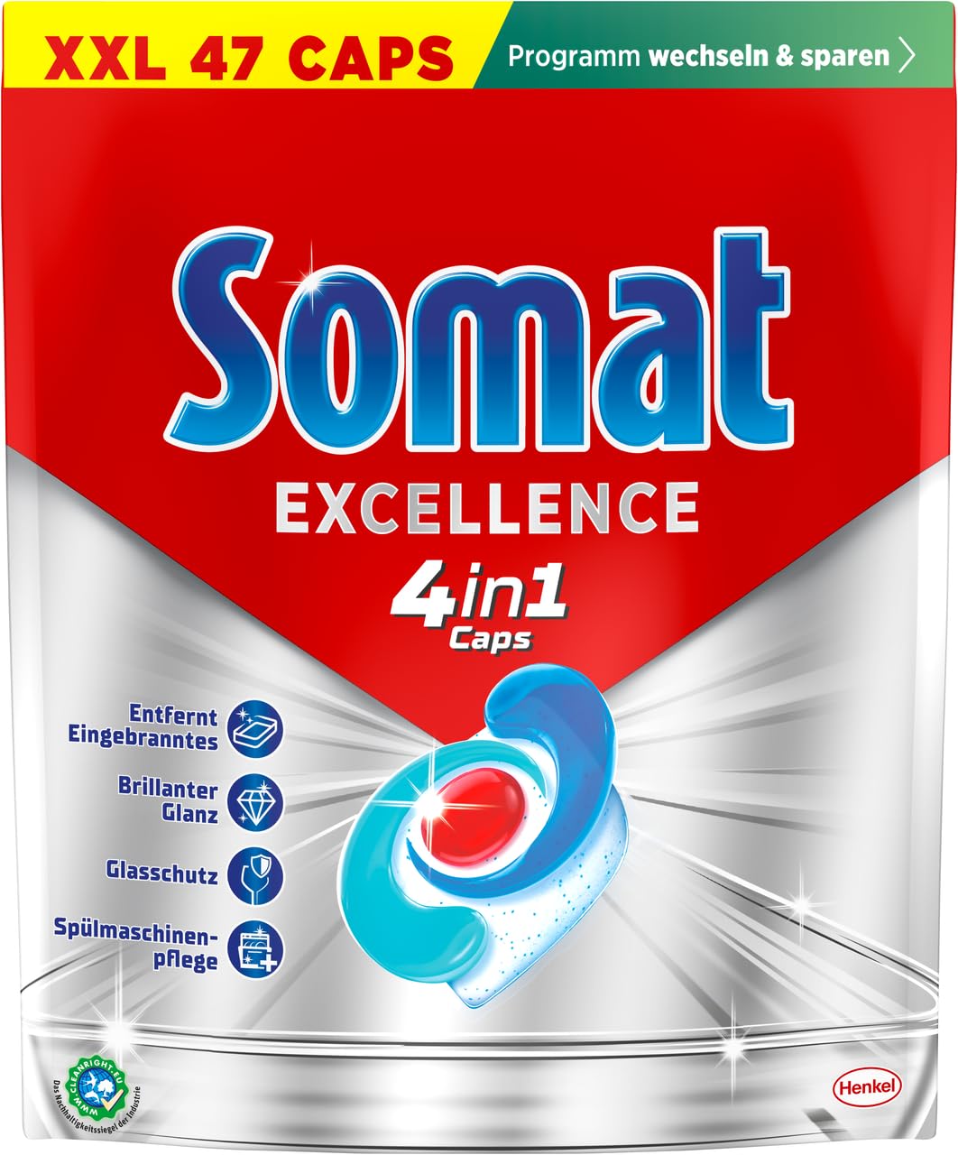 Somat Excellence 4in1 Caps, 282 Caps (6x 47 Caps), schnellauflösende Spülmaschinentabs, Somat Caps für exzellente Reinigung & Glanz sogar im Eco-Programm & bei niedrigen Temperaturen