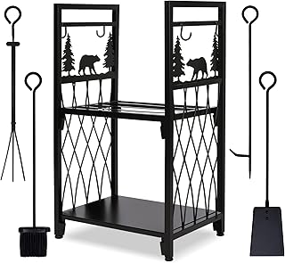 Firewood Rack with 4 Fireplace Tools, Fireplace Tool Sets Log Rack Outdoor Heavy-Duty Log Wood Storage Accessory for Indoor Fire Pit Wood Holders with Shovel, Poker, Tongs, Broom