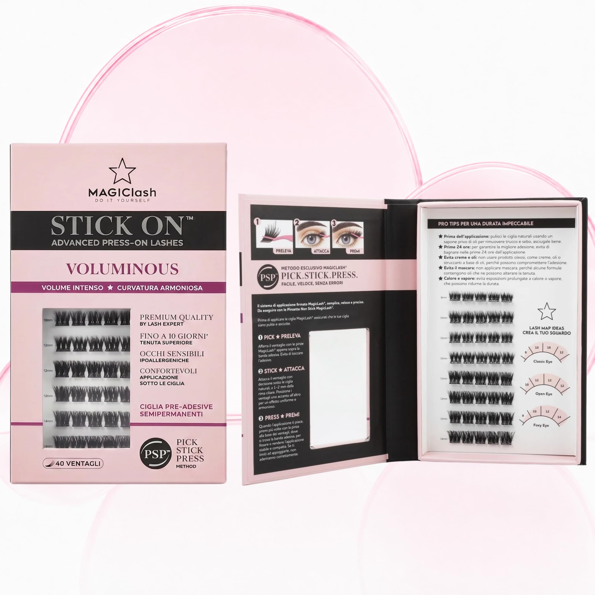 Ciglia Press and Go Voluminous Premium 40pz Lash Cluster | Ciglia Finte Voluminous Senza Colla con Adesivo Tenuta 10 Giorni Sotto-Ciglia Invisibile Leggere Ipoallergeniche Waterproof