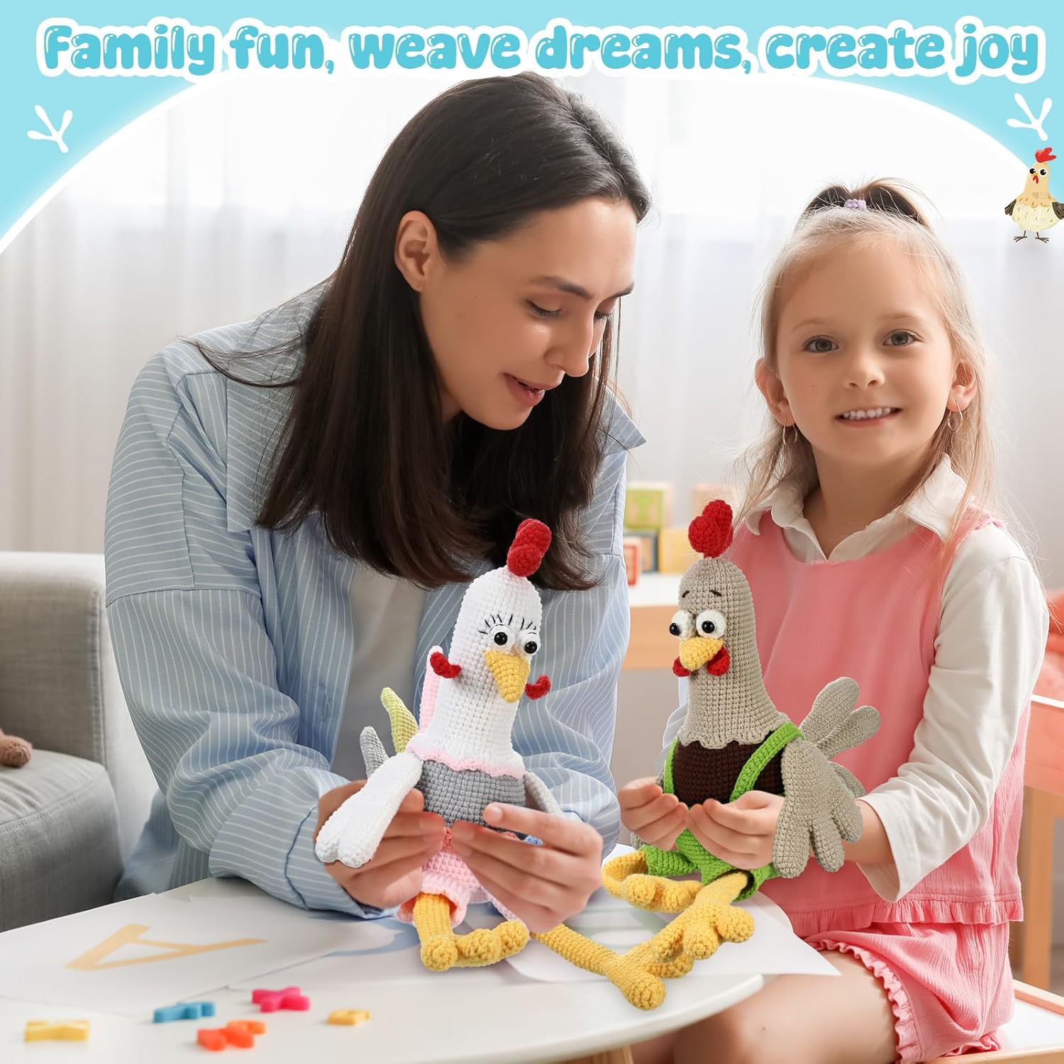 Vicenpal Beginner Crochet Kit with 40% Extra Yarn, 8.2 Inch Easter Animal Rooster and Hen Amigurumi DIY Set, Easter & Birthday Gifts for Adults Men Women, Complete Craft Set with Yarn