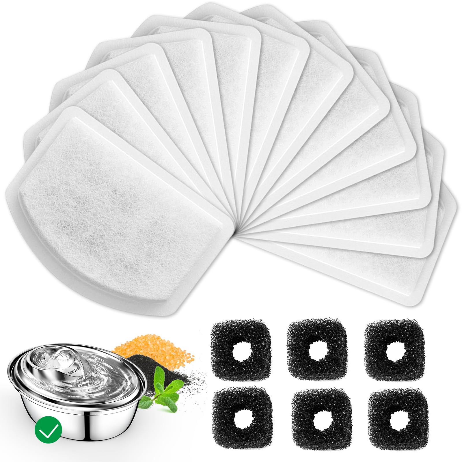 12+6 Pack Zeepet Cat Fountain Filters, Compatible with ORSDA Cat Water Fountain Filter for D60 100oz/3L Automatic Stainless Steel Pet Fountains, 12 Replacement Water Filters + 6 Pre-Filter Sponges