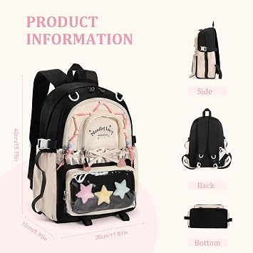TIAASTAP Kawaii School Backpack Cute School Bag - Preppy Ita Backpack Aesthetic Japanese Schoolbag for Girls Kids Boys Teenage (Black)