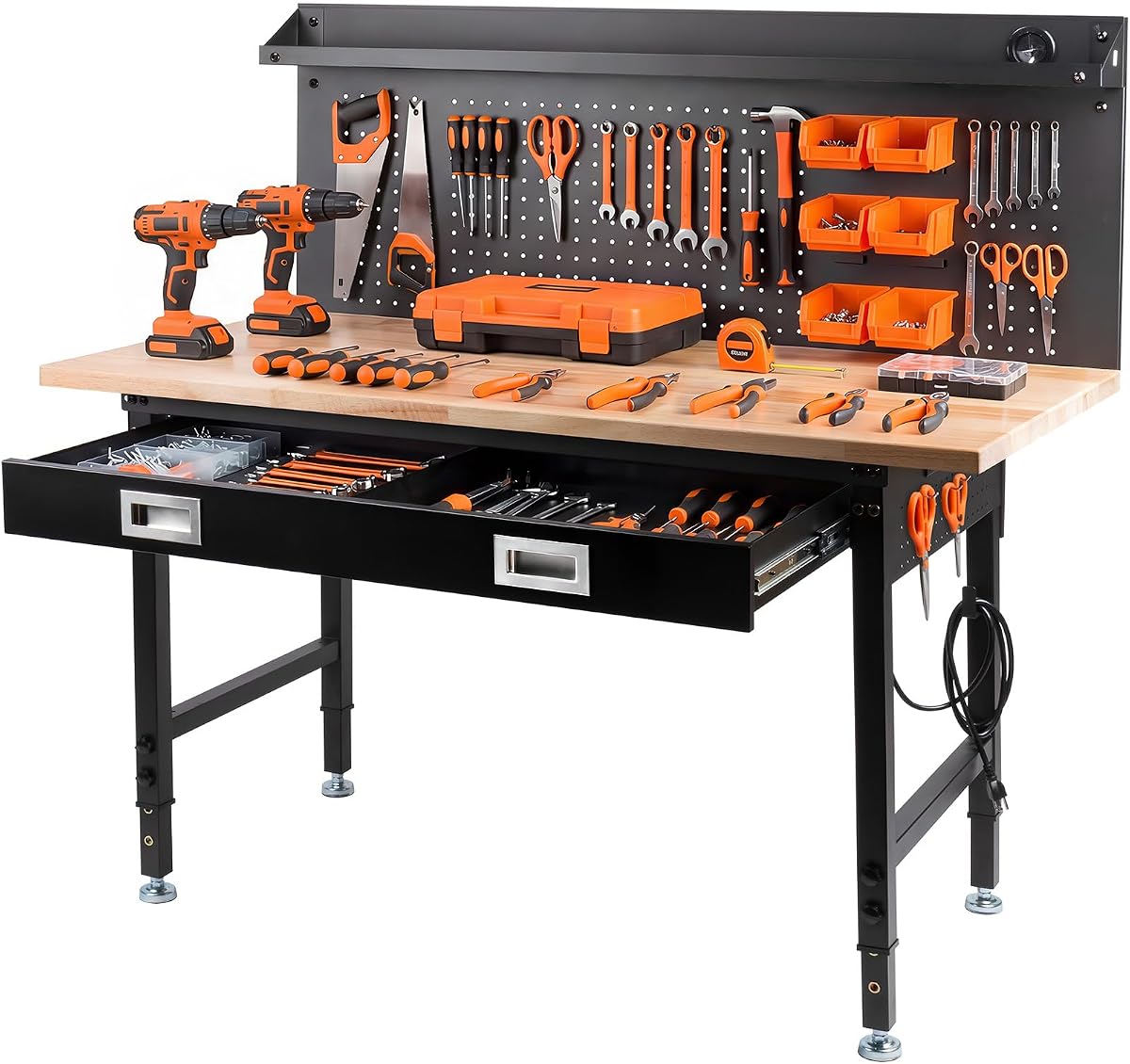 60" Adjustable Work Bench with Drawers, Workbench for Garage with Strip Light, Work Table with Large Pegboard, 2000 LBS Heavy Duty Table with Power Outlet Rubber Wood for Office, Workshop