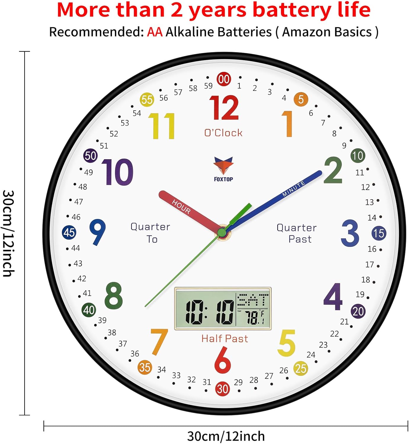 Foxtop Digital and Analog Learning Clock for Kids - Telling Time Teaching Clock 12 Inch Silent Non-Ticking Battery Operated Kids Wall Clock for Kids Room Playroom Nursery Classroom School (Black)