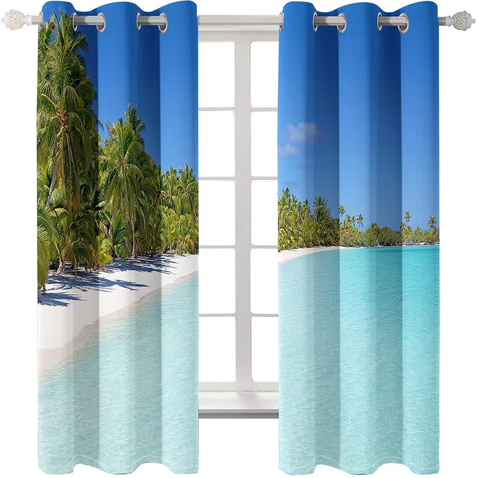 Rideau Anniversaire, Rideau Occultant Fenetre Chambre Bleu Vert Kaki Polyester Mer et Cocotiers 152L x 183H CM Lot de 2