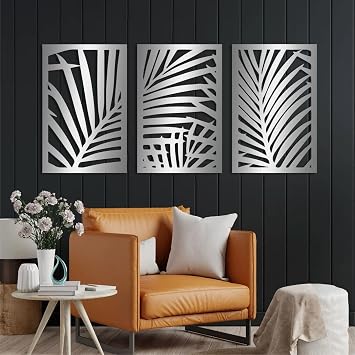 Palm Leaf Wall Decor, Tropical Metal Wall Art, Metal Leaf Wall Decor, Palm Tree Metal Wall Art, Tropical Botanical Wall Art, Plant Wall Decor, Boho Wall Decor, Wall Hangings 24"x16" | 60x39.5 cm x3pcs, Silver
