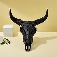 Vista 7 de OTARTU Escultura para colgar en la pared, diseño tribal negro, diseño tallado con calavera de buey de 19 pulgadas, arte de decoración de pared