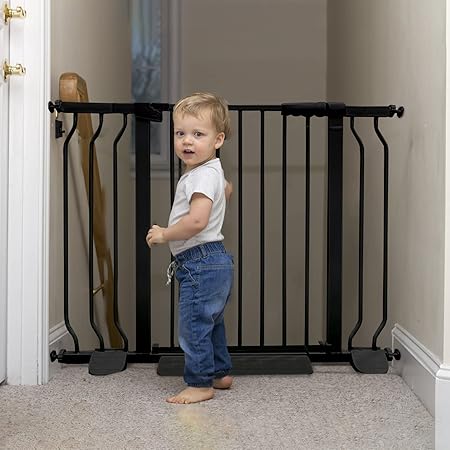 Anshy Meng 40? Auto Close Baby Gate for Stairs and Doorways 30? Tall Safety Child Gate Easy Walk Thru Durable Dog Gate for House. Includes 2.5-Inch and 5.5-Inch Extension(Black)