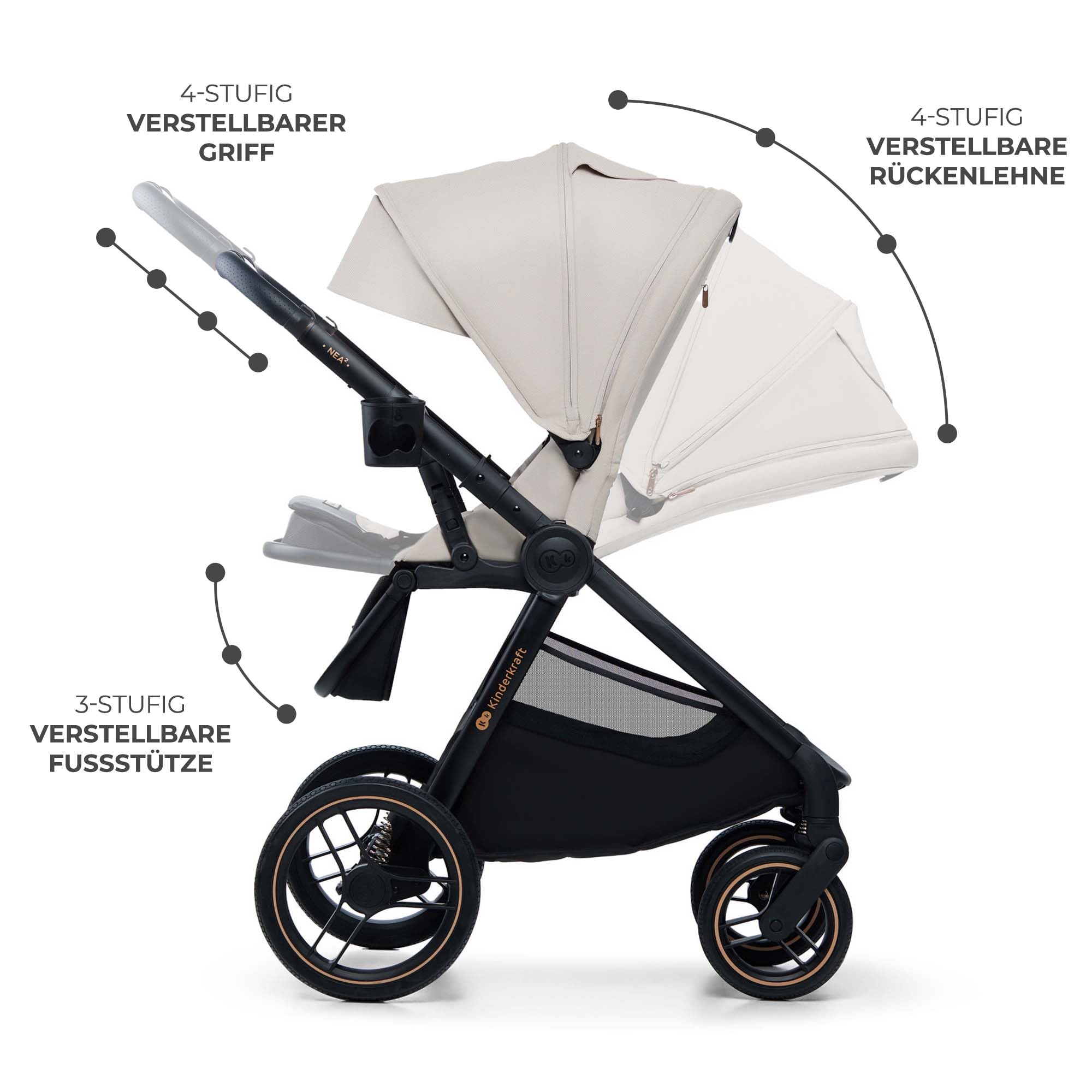 Kinderkraft NEA 2 Kinderkraft buggy von Geburt bis 22 kg, Zusammenklappen mit einer Hand, Liegeposition, großes Verdeck, alle 4 Räder gedämpft, extrem leicht, UPF50+, Korb bis zu 5 kg, Beige