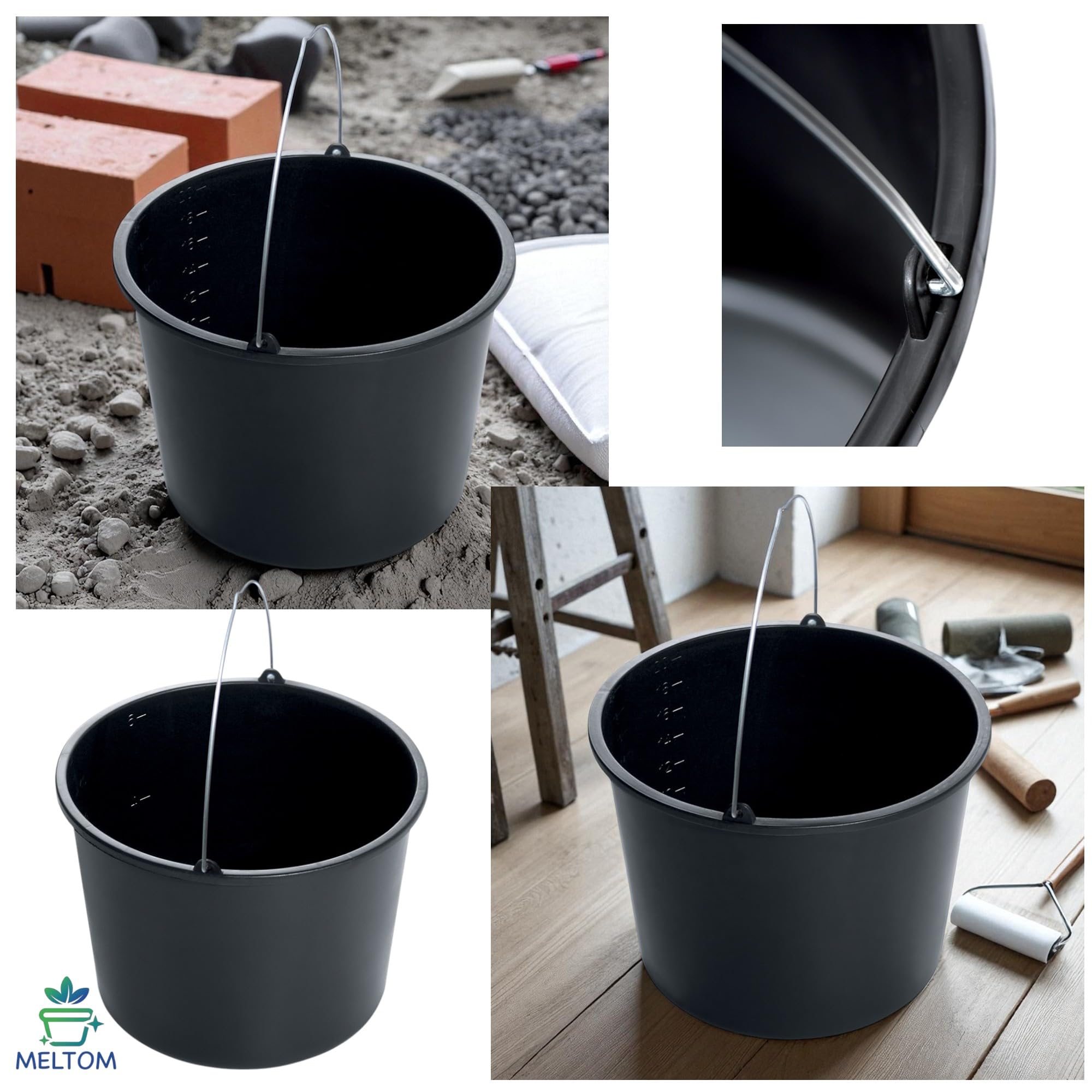 Lot de 15 seaux gradués de 12 l, en plastique robuste, avec poignée, pour le nettoyage, le ciment, le jardin, la maison et le chantier de construction (15, 12 l)