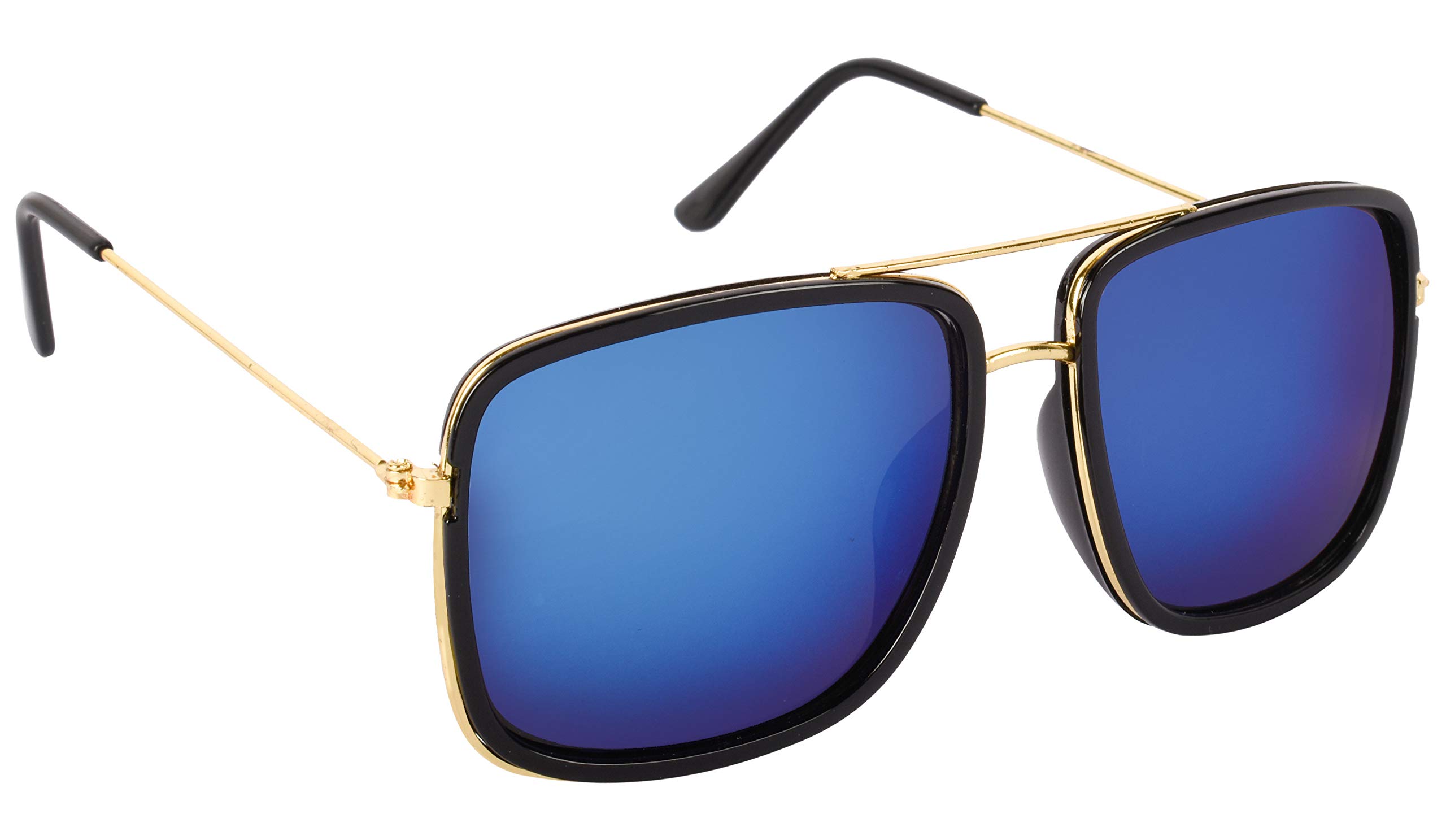 Mirrored Rectangular Unisex Sunglasses - (Mirror Blue Lens | Gold-Black Frame | Large Size | NW-PLTSQ-30)-image-17
