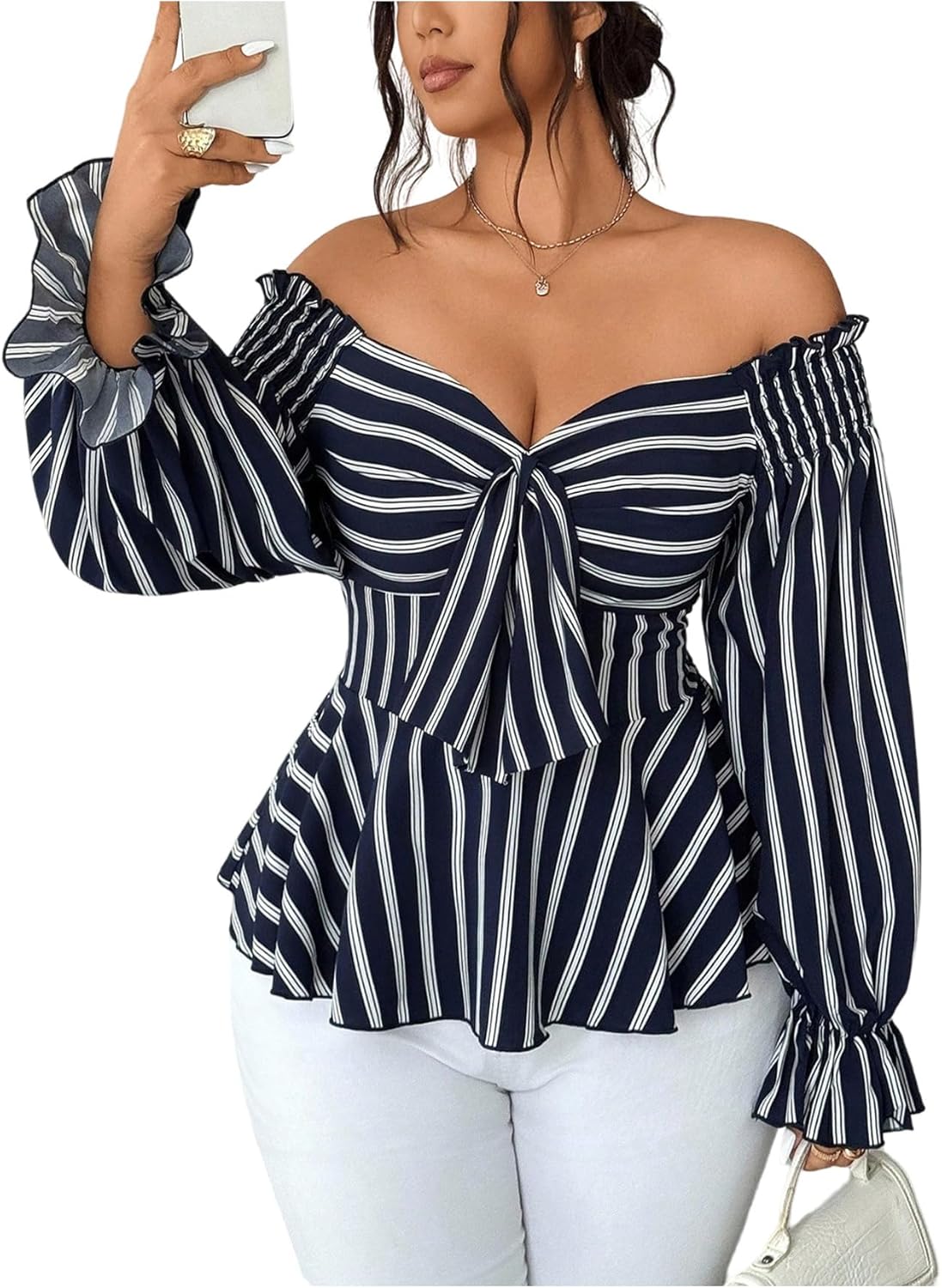 Floerns Women's Plus Size Striped Off The Shoulder Blouse Lantern Sleeve Ruffle Peplum Shirts