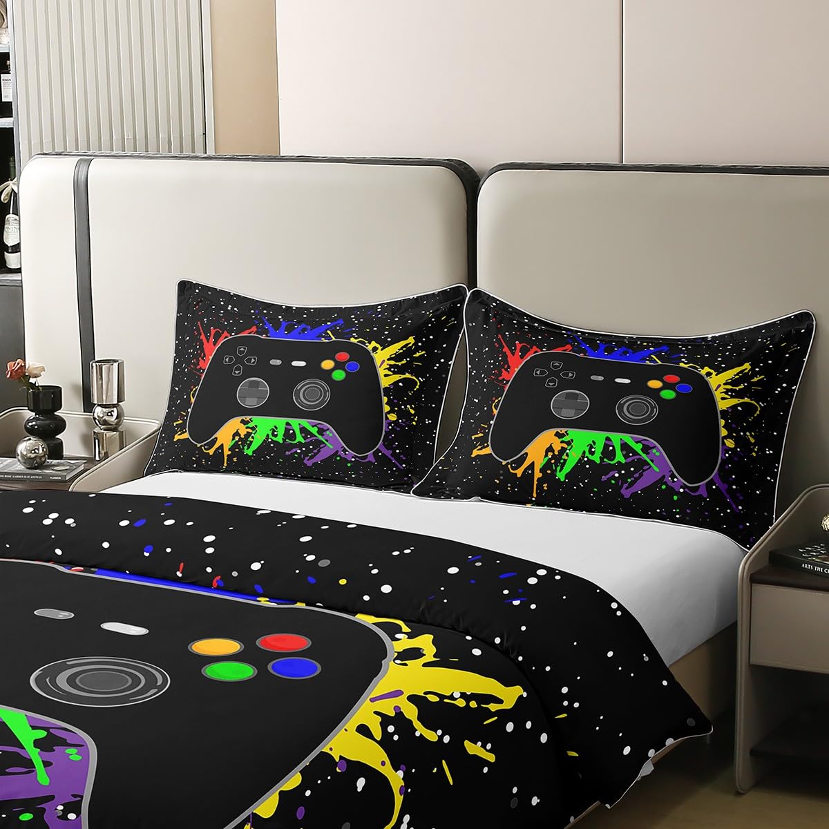 Juego de funda de edredón para niños, 100 % algodón, tamaño doble, juego de ropa de cama con diseño de mando de videojuegos, para adolescentes, niños y hombres, funda de edredón moderna con estampado