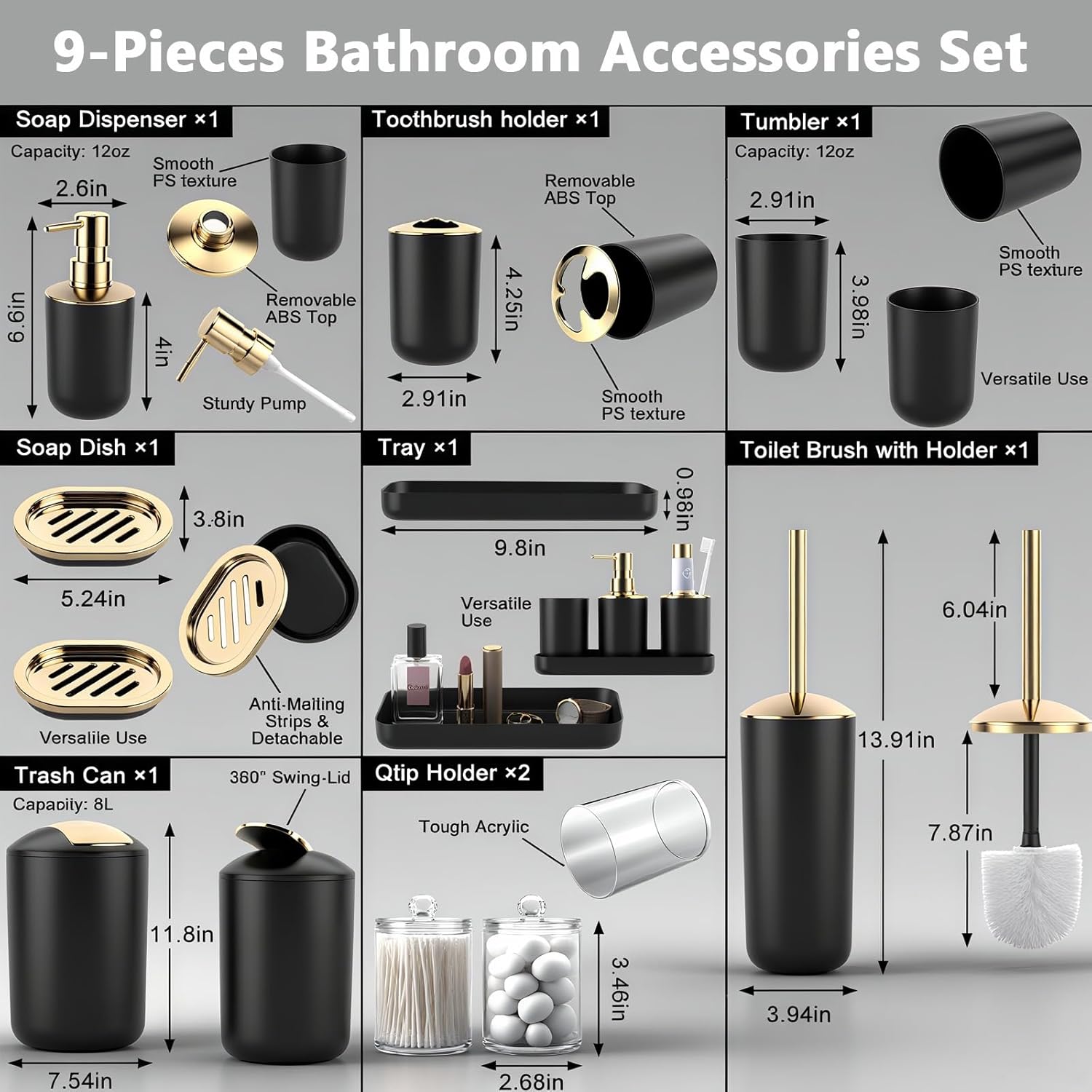 Bathroom Accessories Set Black and Gold 9 Piece, Trash Can, Soap Dispenser and Dish, Toilet Brush, Toothbrush Holder, Tumbler, Tray, Cotton Swab Container, Countertop Organizer and Housewarming Gift