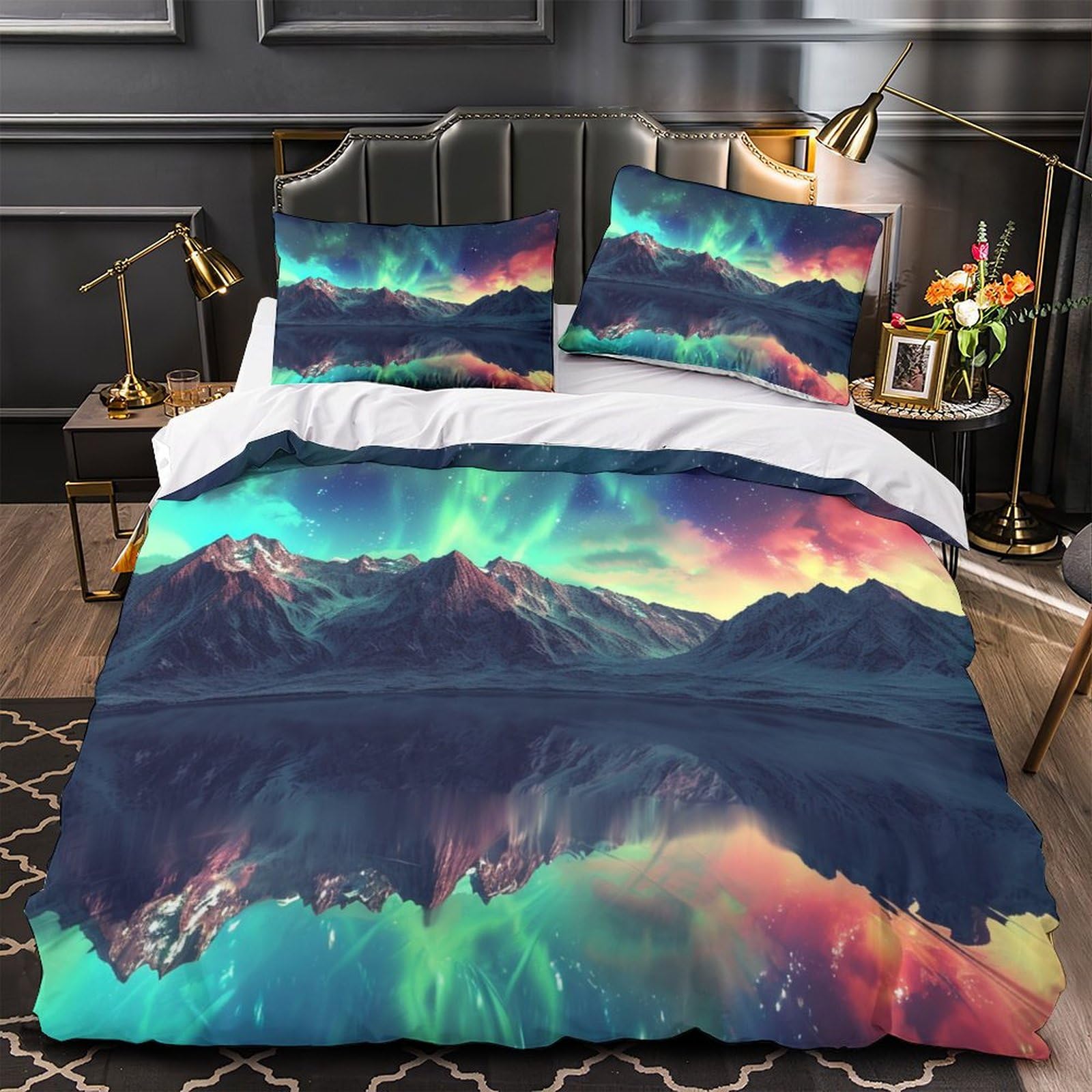 Stampato in 3D Aurora norvegese Copertina Stampata Microfibra Disegnata Biancheria Da Letto Stile Morbido Set 3 Pezzi,Double（200x200cm）, Per Adolescenti E Adulti
