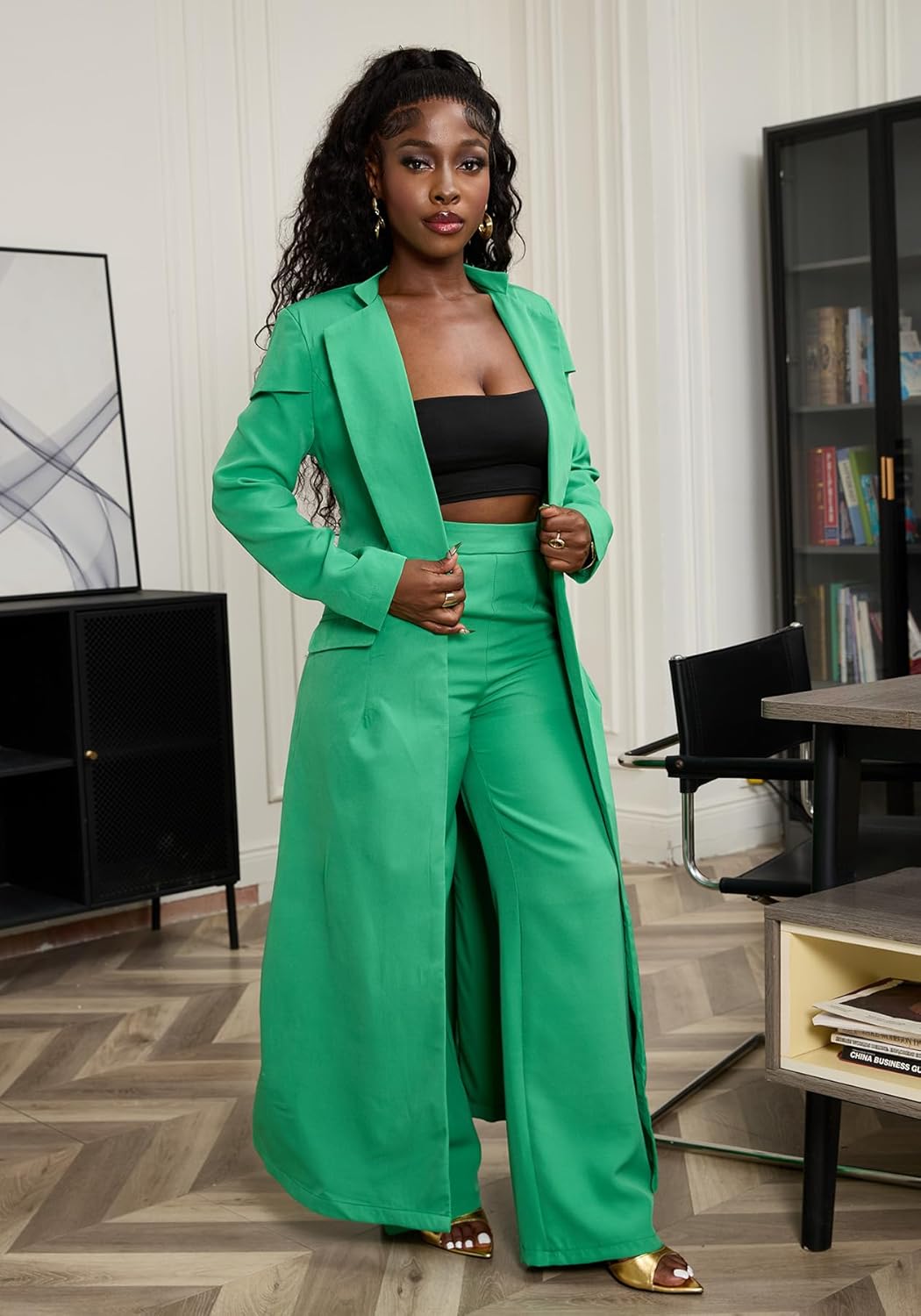 Famnbro Womens Suits 2 Piece Set Long Blazers Jacket Lapel and Straight Leg Pants Business Outfits - Image 6