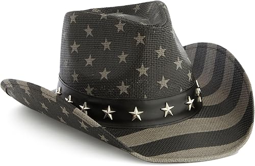 Sombrero de vaquero de paja de Estados Unidos para hombres y mujeres, aspecto vintage, sombrero de vaquera para fiesta de disfraces (tamaño adulto)