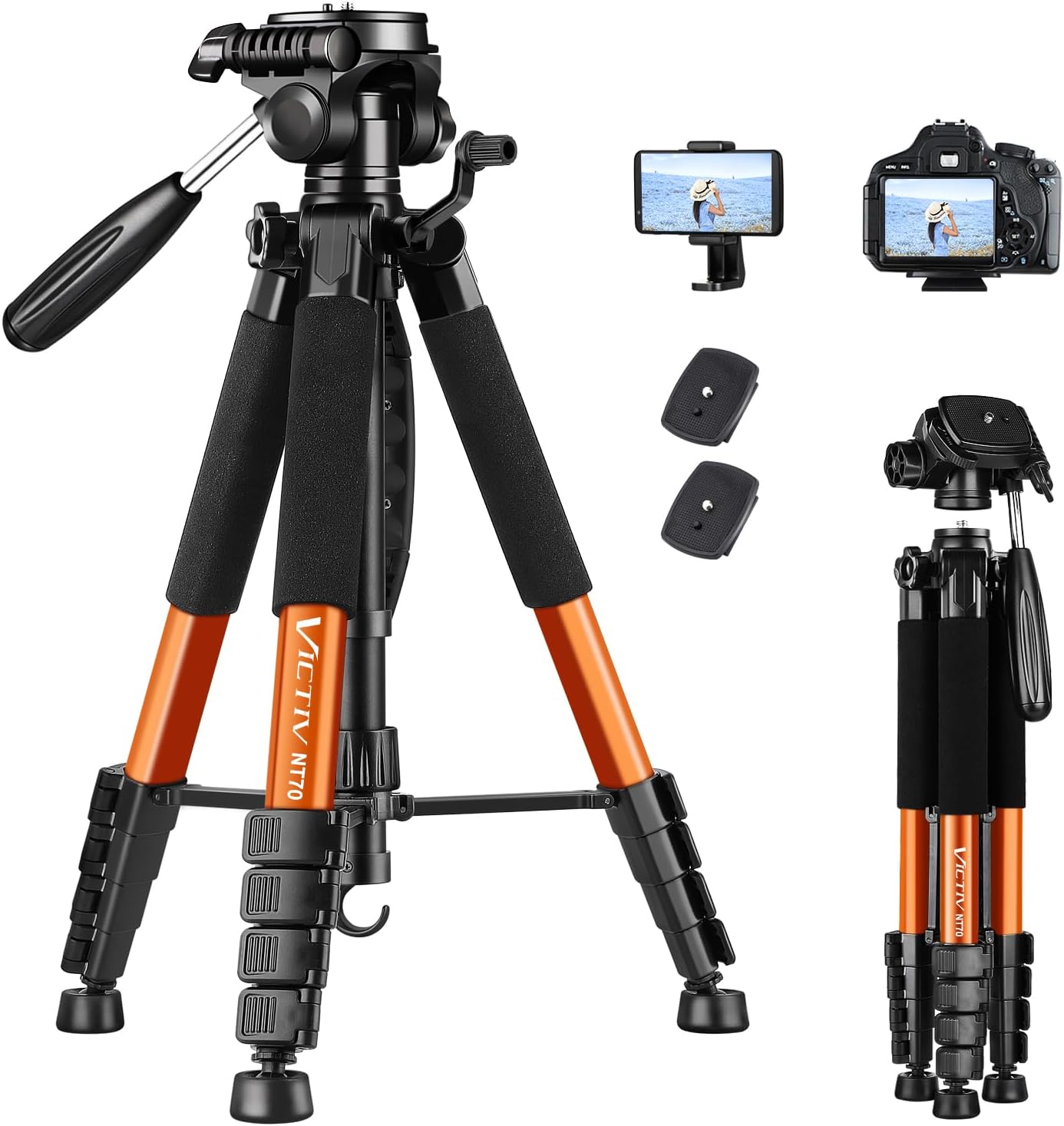 Victiv Tripod 74-Camera-Tripod for Cell Phone, Aluminum Professional Heavy Duty Camera Tripod Stand, Tripod for Camera DSLR SLR with Carry Bag, Compatible with Canon Nikon iPhone Orange 74 Inch