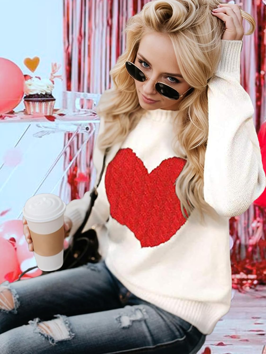 Heart Sweater for Women Valentines Day Gifts for Her Red Sweaters Crewneck Long Sleeve Lightweight Cute Tops - Image 3