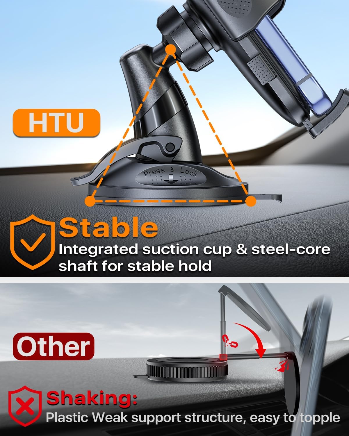 HTU [2026 Latest Upgrade Military-Grade Anti-Shake Car Phone Holder, 90+LBS Strong Suction Car Phone Mount, 360° Rotatable Mount for Dashboard Windshield Vent, for iPhone 17/16 Pro Max, Deep Gray