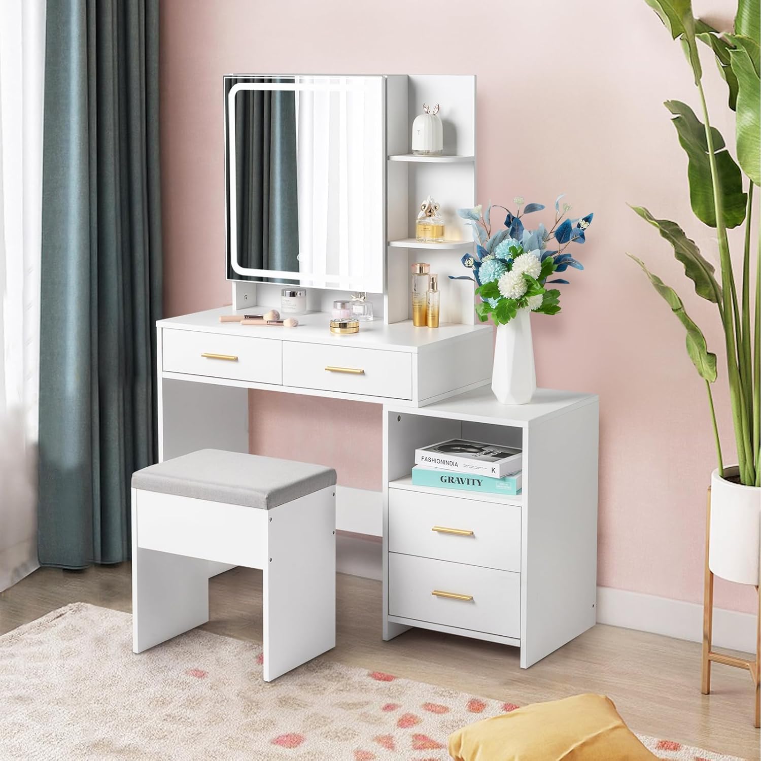 Makeup Vanity Desk with Mirror and Lights, Make up Vanity Set with Sliding Lighted Mirror, Dressing Table with 4 Drawers & Storage Shelves for Bedroom, White