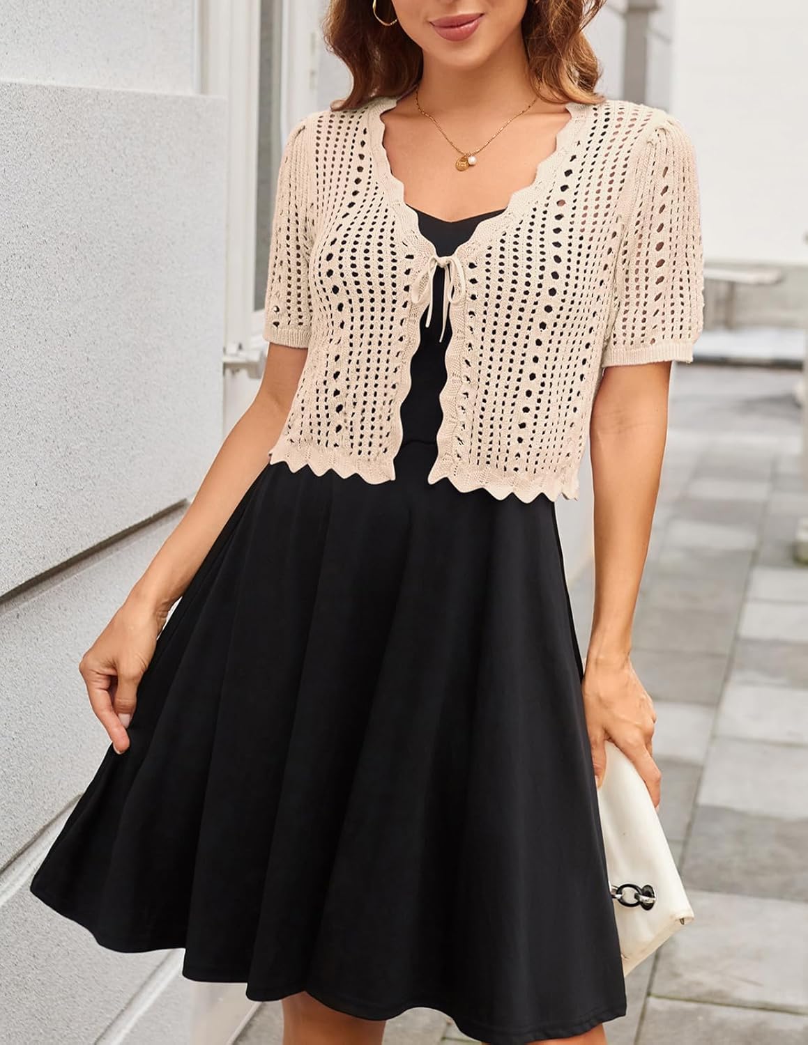 Kate Kasin Women Crochet Shrug Sweater Tie Front Knit Bolero Shrug for Dress Short Sleeve Cropped Cardigan - Image 3