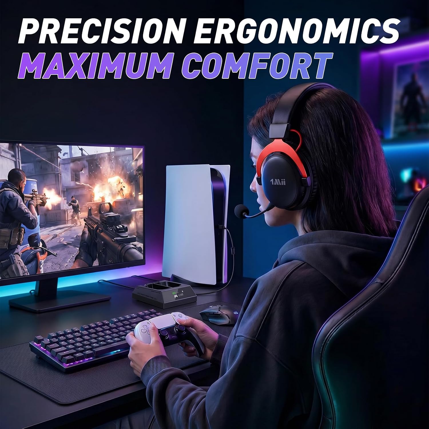 1Mii Aurisonic GX Wireless Gaming Headset + Base Station for PC, PS5, PS4 | USB-C & USB Gaming Headphones with Noise Canceling Mic, 120H Playtime, Status LCD Display, 7.1 Surround, Mix 2.4GHz/Bluetooth 9