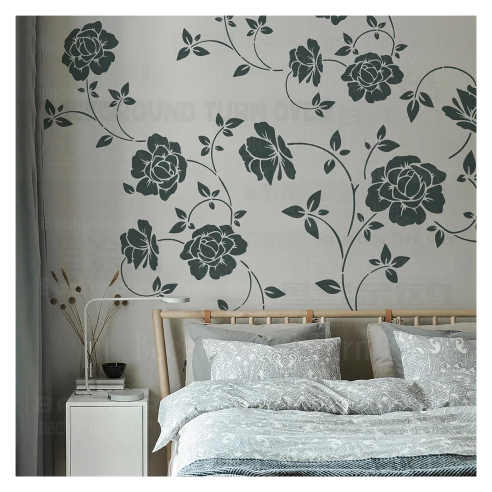Plantilla de pared 73 cm a 122 for pintar, decorar, siluetas rosas, pétalos, hojas y tallos curvados, diseño floral