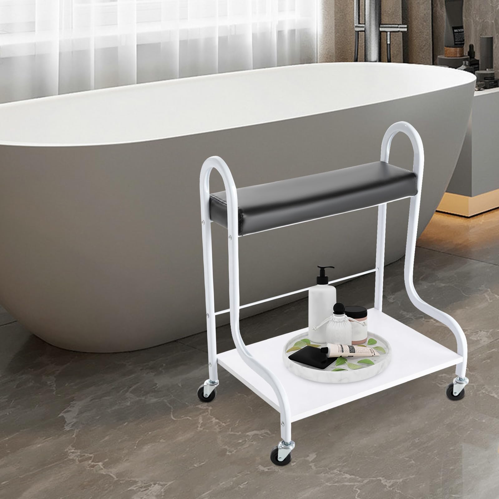 2-Stufen Fuß Bad Wagen, Fußbadewanne Unterschrank Rollbar, Pediküre Wagen Holz Metall, Fußbad Hocker Tragbar mit Rädern, Fußwanne Halterung 100kg, Ablagefach, Ideal für Badezimmer, Salon, Schwarz