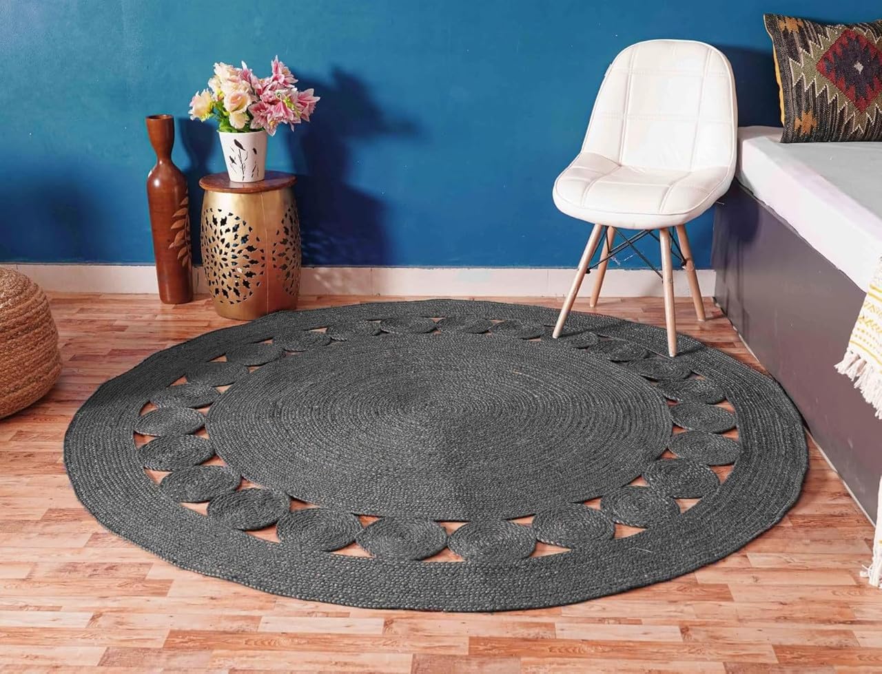 Round Jute Area Rug with Cutwork Border Design, Woven Natural Fiber Floor Rug for Living Room Bedroom Entryway Indoor Circular Carpet