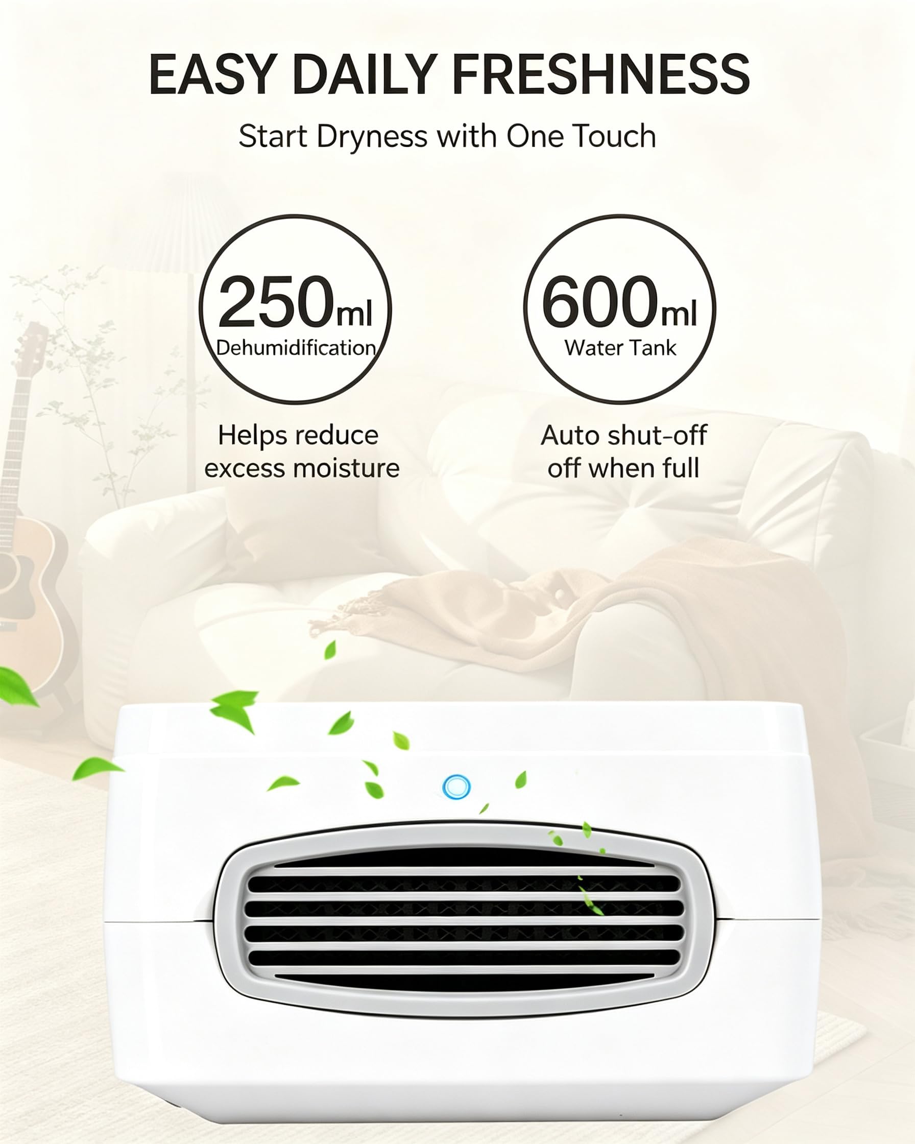 Déshumidificateur portable 28W, réservoir d'eau amovible de 600ML