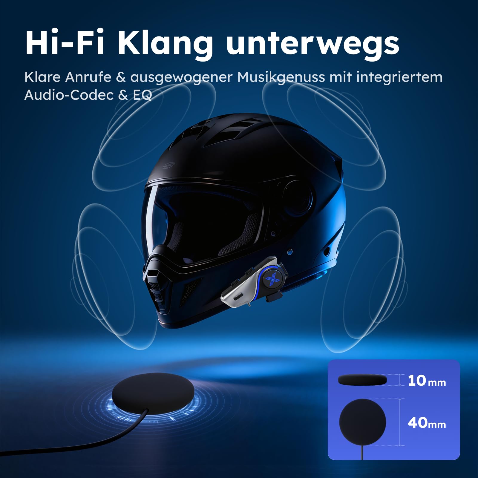 Motorrad Bluetooth Headset mit Audio-Multitasking, 2-Wege-Intercom mit 600m Reichweite, Bluetooth 5.3 Helm Kommunikationssystem mit universeller Kopplung/FM/1000mAh Akku, Einzelpack-D9