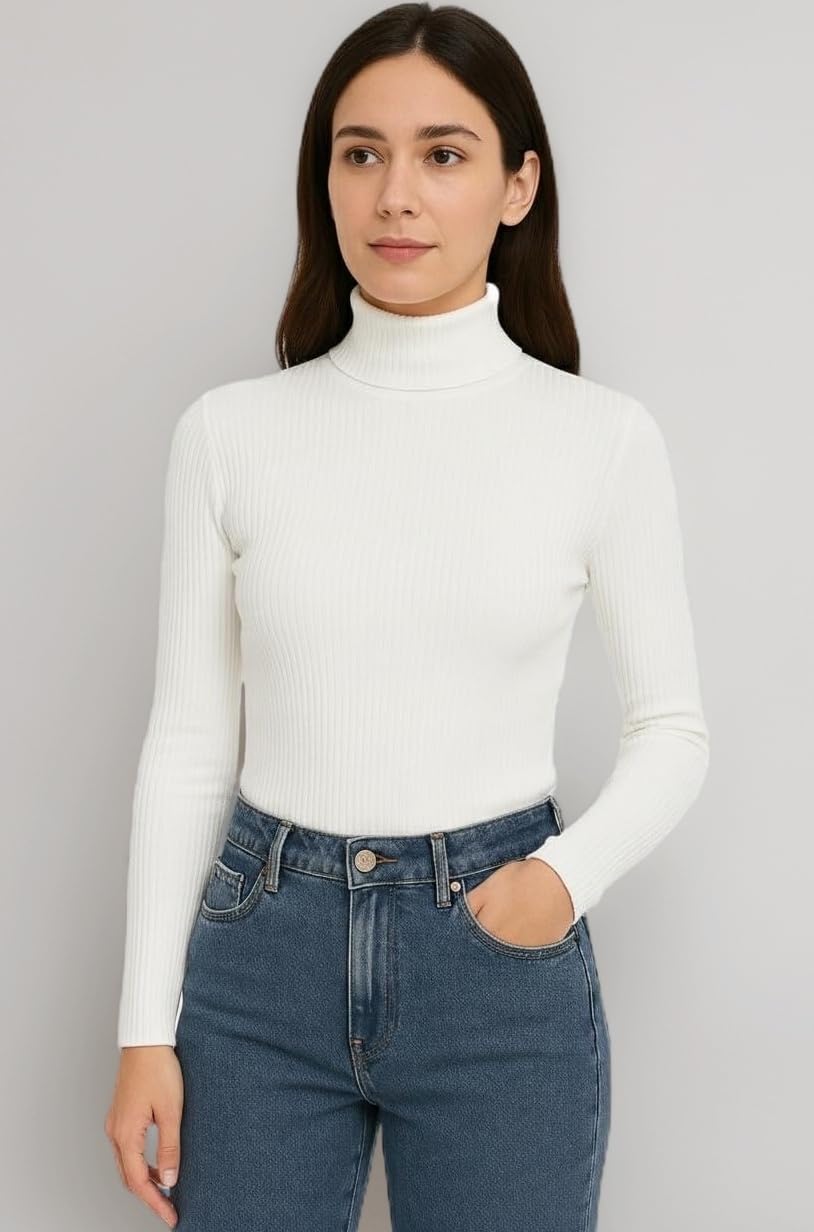 Women Ribbed High Neck Full Sleeve Top | Solid Stretchable Slim Fit Winter Wear Top for Casual & Office Use