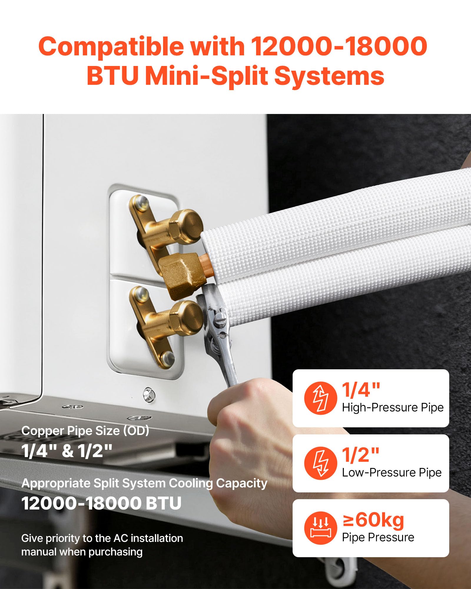 VEVOR Conducto Refrigerante de Cobre Largo de 15,24 m, Tubo de Cobre Aislado Diámetro Exterior 6,4 mm y 12,7 mm, para Sistema de Mini-split de Aire Acondicionado, Tubo de Bobina Aislante de PE