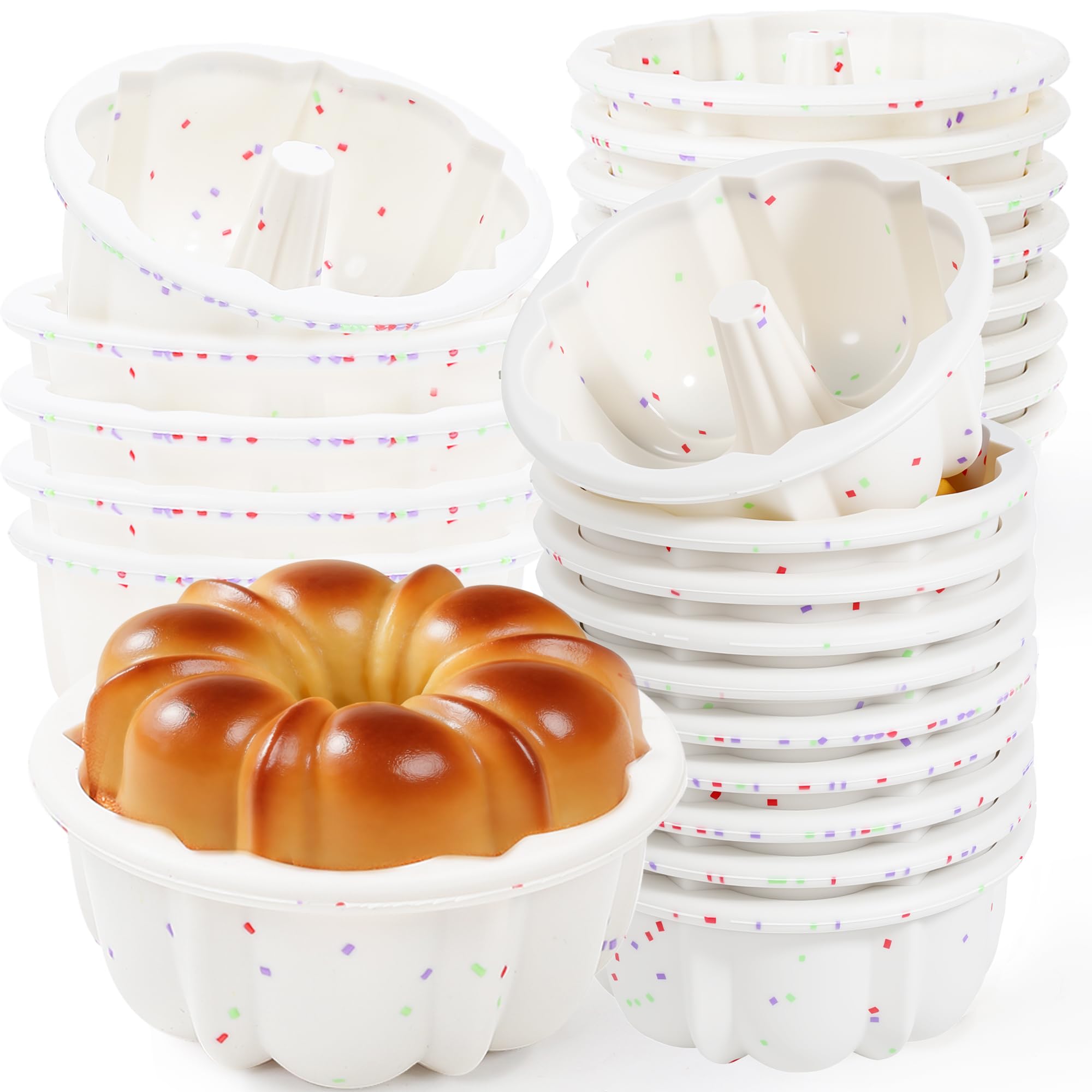 4 Inch Silicone Mini Fluted Tube Cake Pans, 24 Pcs, Cream | Metal Frame, Nonstick Mini Flan Molds for Baking, BPA Free, Individual Reusable Jello Mold, For Small Business or Home Baker