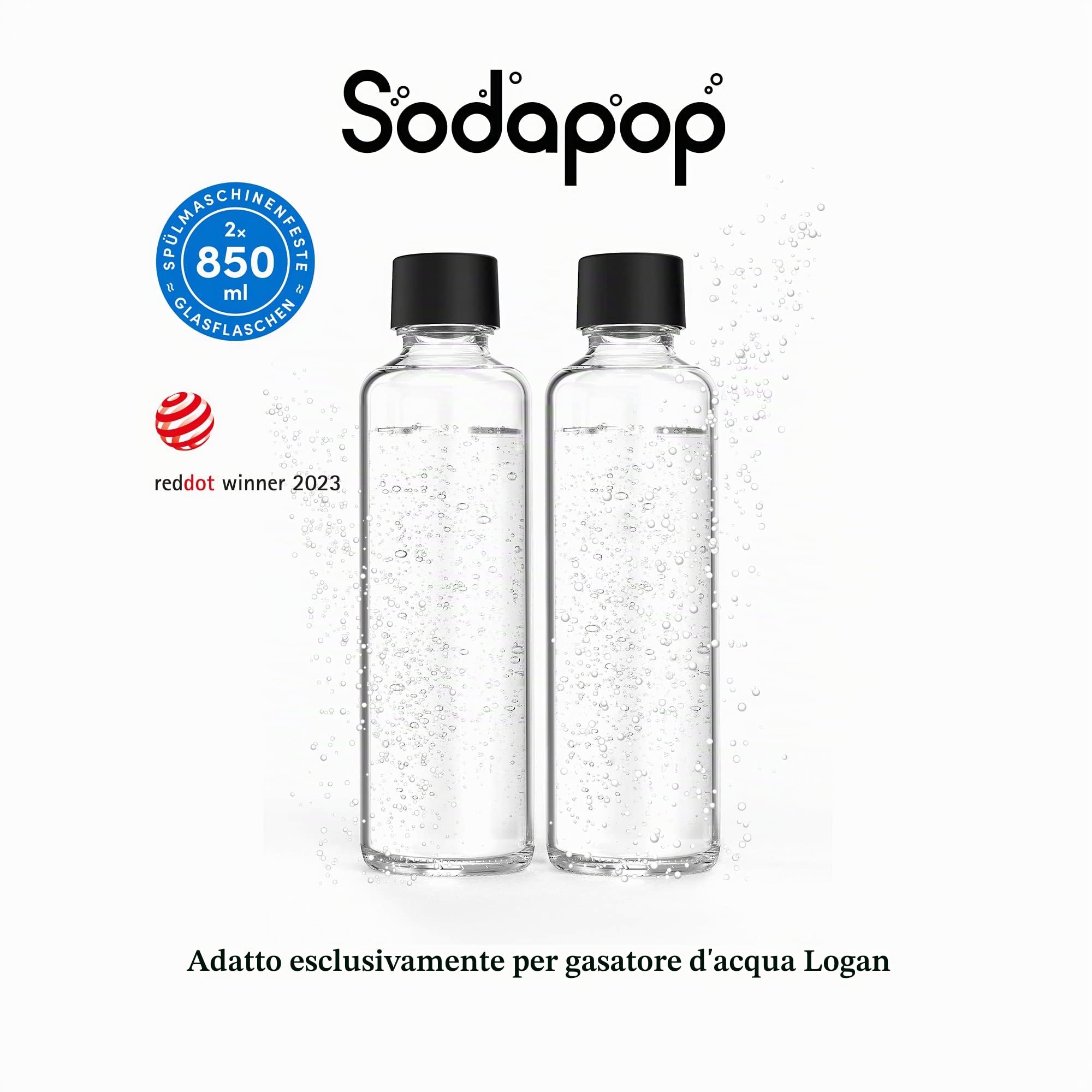 Sodapop Set di bottiglie di vetro Logan, bottiglie di ricambio adatte esclusivamente per spruzzatore d'acqua Logan, 2 X 850 ml
