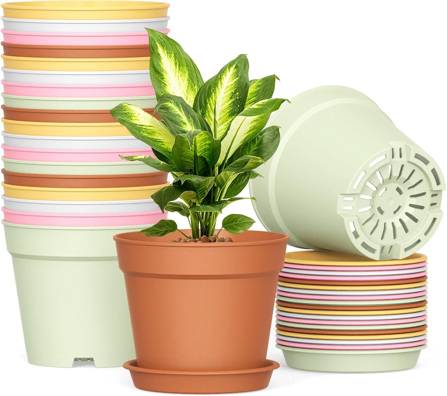 20 Pack 6 Inch Plant Pots with Drainage and Saucers, White Plastic Flower Pots for Indoor and Outdoor Plants, Stackable Nursery Planters for Houseplants and Herbs, White