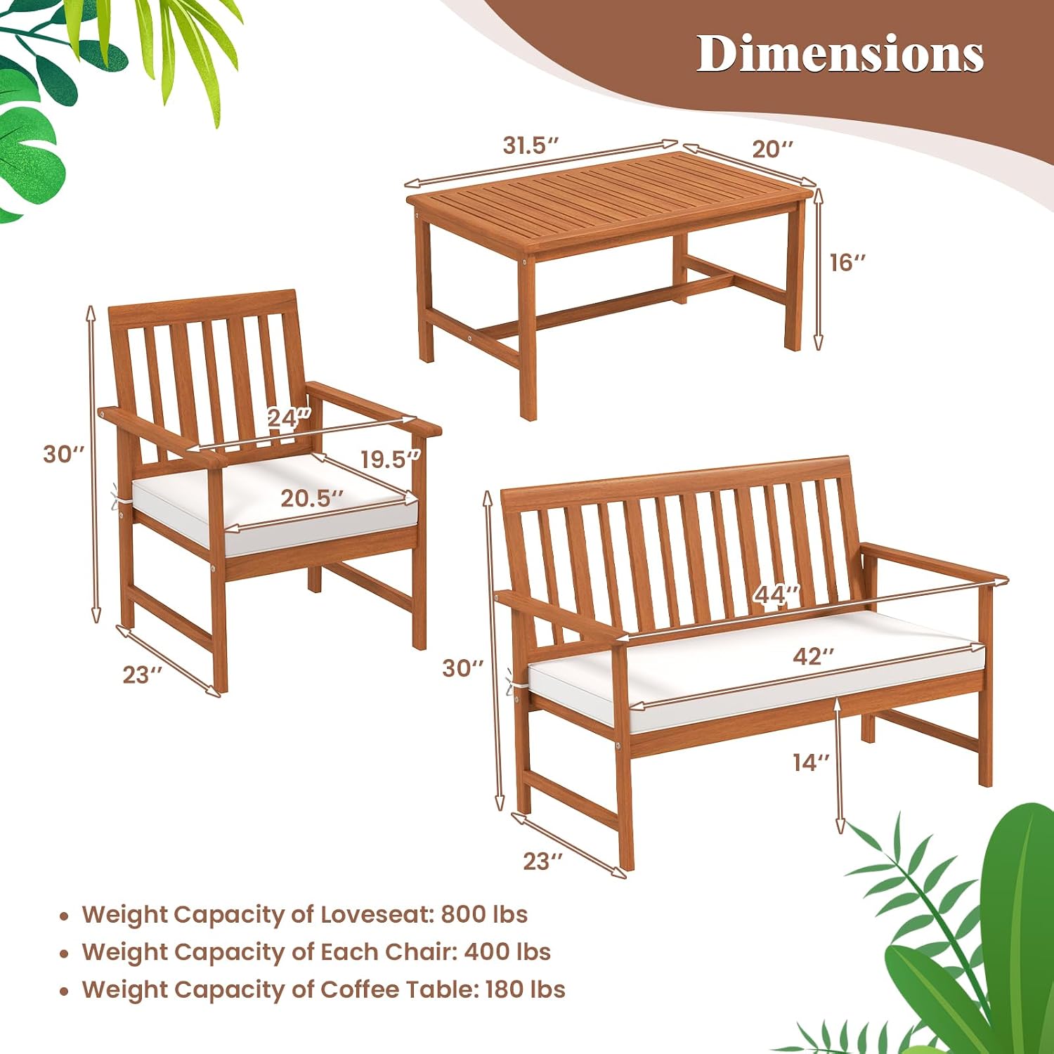 Tangkula 8-Piece Acacia Wood Patio Conversation Set, Outdoor Furniture Set with 2 Armchairs, Loveseat, Coffee Table, Soft Cushions, Slatted Sofa and Chairs Set for Deck, Backyard (Off White,2)