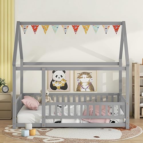 Miniatura 3 de Harper & Bright Designs Cama de suelo de tamaño matrimonial para niños, cama de madera con barandillas, diseño Montessori, techo en forma de casa,