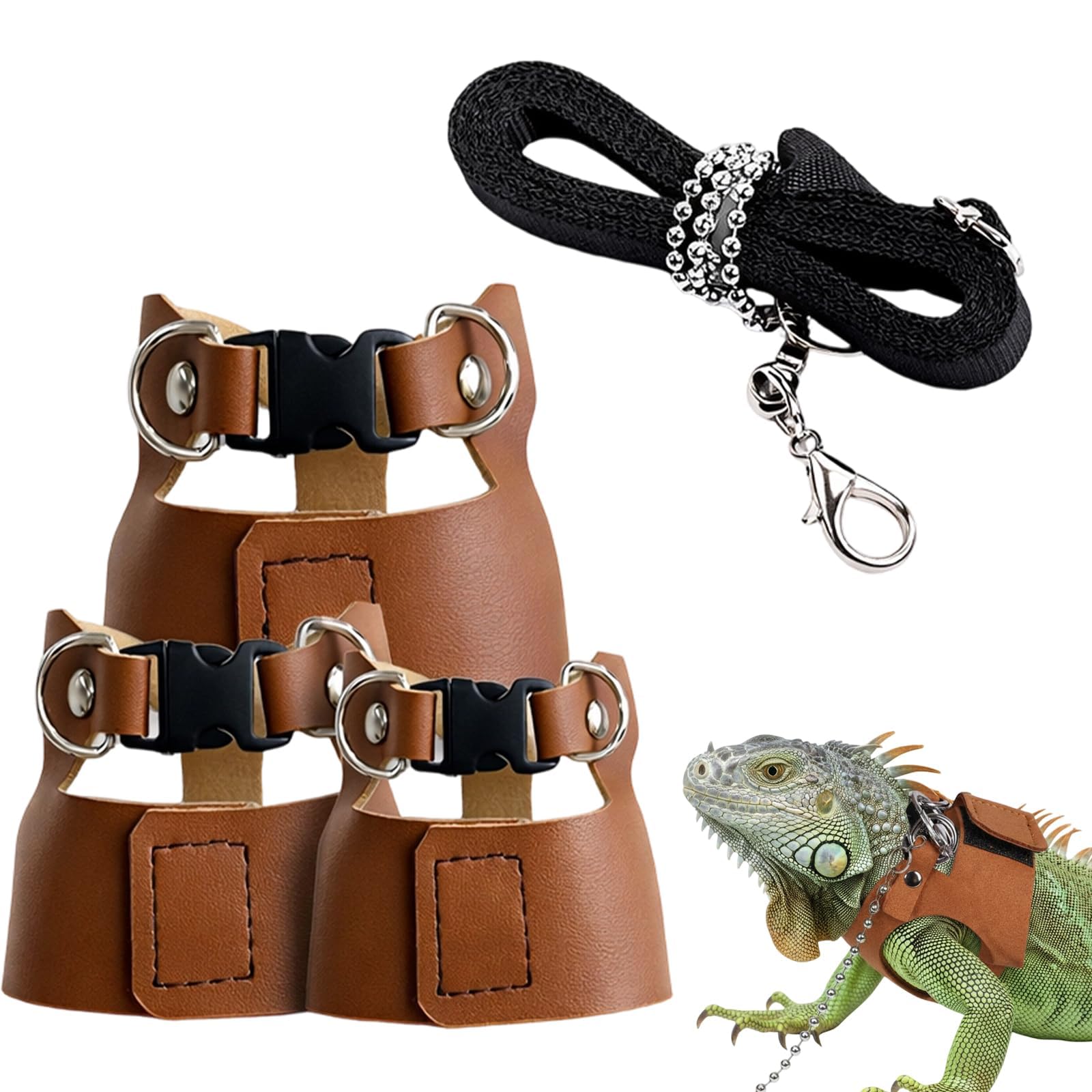 3PCS Bearded Dragon Harness (Brown, S/M/L) - Faux Leather Adjustable, with One Stainless Steel Lead & Traction Rope for Lizard Outdoor Walking, Secure & Comfortable Wear.