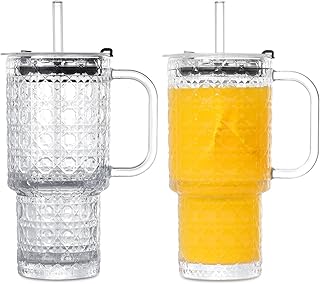 16 Oz Glass Tumbler Cup With Handle, 2 Pack Iced Coffee Cup For Cold/Hot Drinks, Modern Coffee Mug Mason Jar For Smoothies, Juice, Coffee, Tea