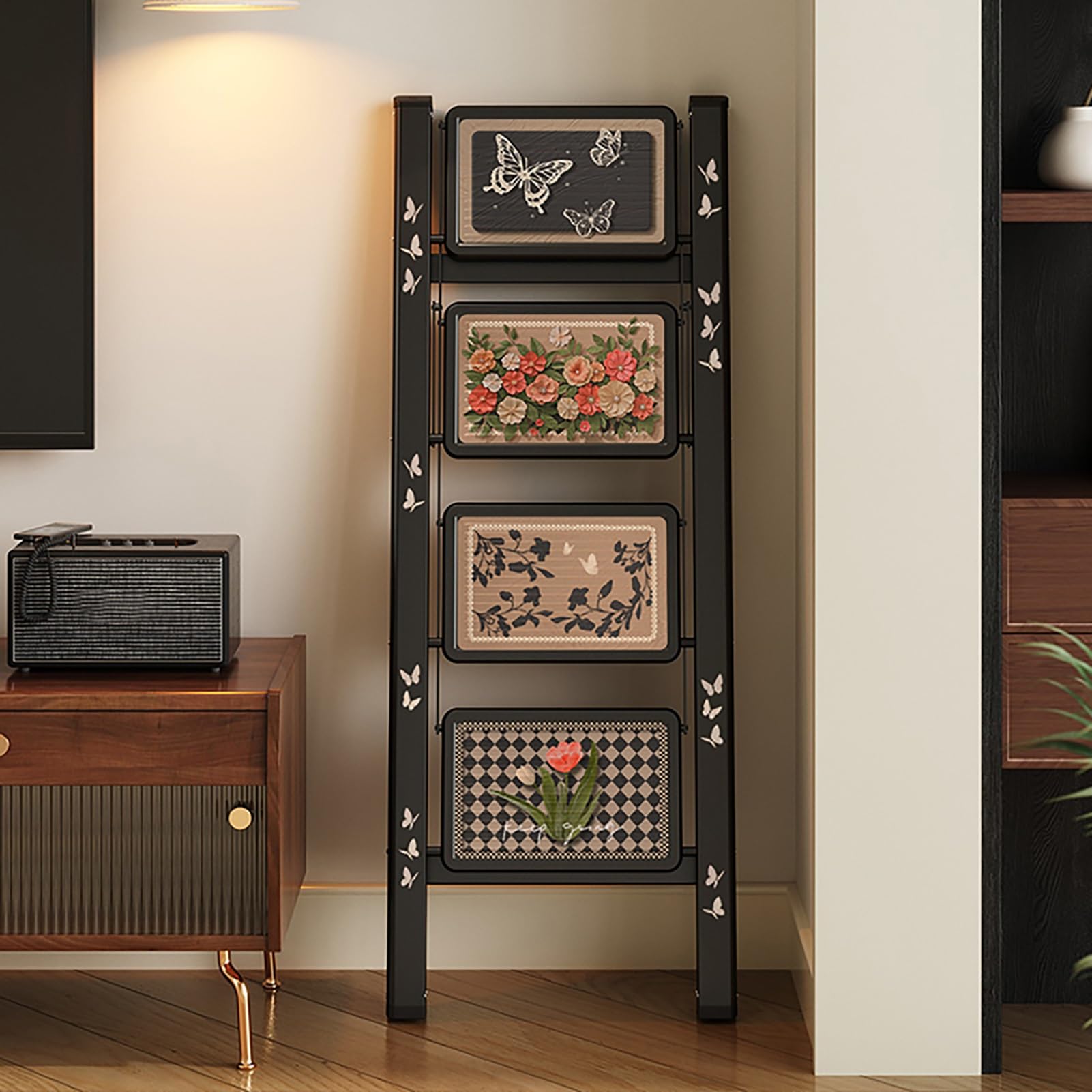 Folding Library Ladder Chair, Non-Slip Pedal, 3/4 Tier Portable Step Stool Chair, Metal Frame, Display Stand Flower Stand for Library, Kitchen, Office(43 * 83 * 92cm/17 * 33 * 36.5in)