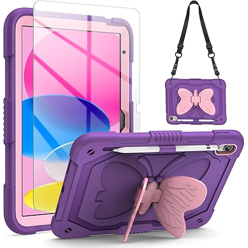 for iPad 10th Generation Case for Kids Girls, iPad 10th 2022 10.9 Case with Screen Protector Shoulder Strap Butterfly Wings Stand Pencil Holder, Rugged Cover for iPad 10th Gen 10.9'' (2022)-Purple