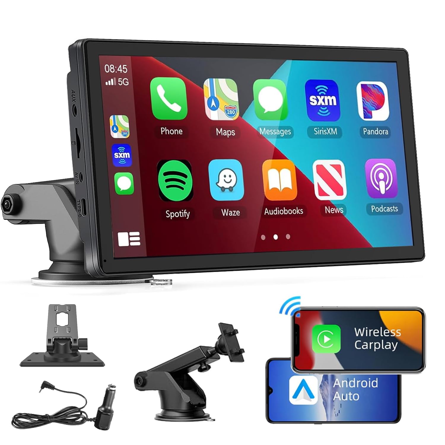 7" Portable Apple Carplay & Android Auto screen for Car,Wireless Car play Touchscreen,GPS Navigation,Mirror Link,Bluetooth,for all Vehicles