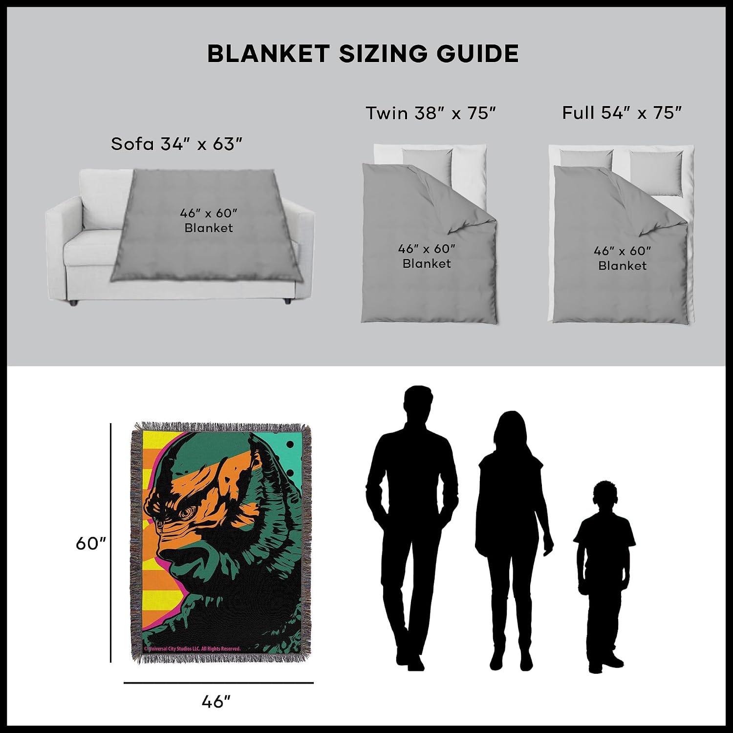 Northwest Universal Monsters Icon Black Lagoon Creature Tapestry Throw for Bed, Couch, Wall, Halloween Decorations, Spooky Hanging, 48x60 inches