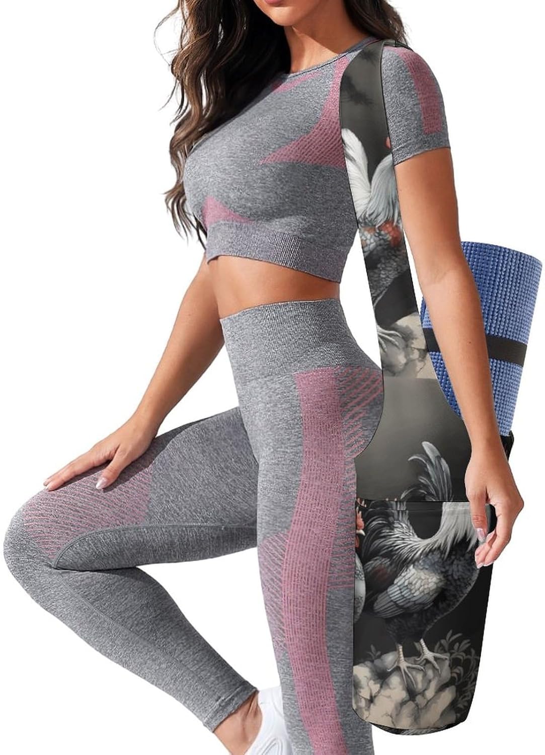 Canvas Yoga Bag,Rooster Pattern Printed Yoga Mat Handbag,Portable Yoga Mat Bag Large Capacity Gym Bag for Men Women Pilates Beach Travel