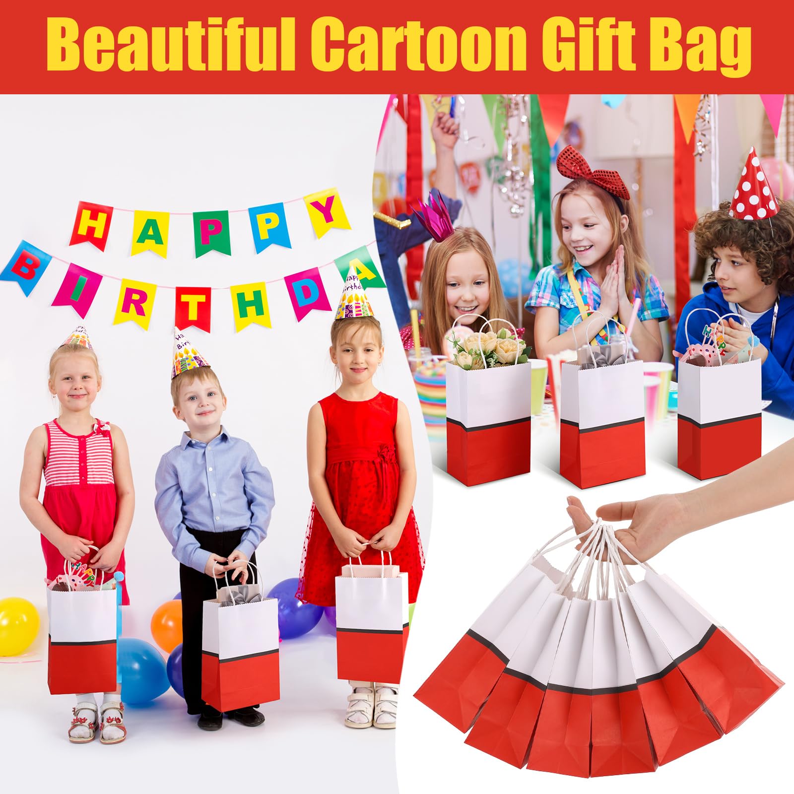 16 Pcs Cartoon Animation Party Gift Bags Red Kraft Treat Bags with Handle Birthday Party Supplies Paper Goodie Container 8.25 x 5.25 x 3 Inches for Birthday Theme Supplies Baby Shower Decorations Candy