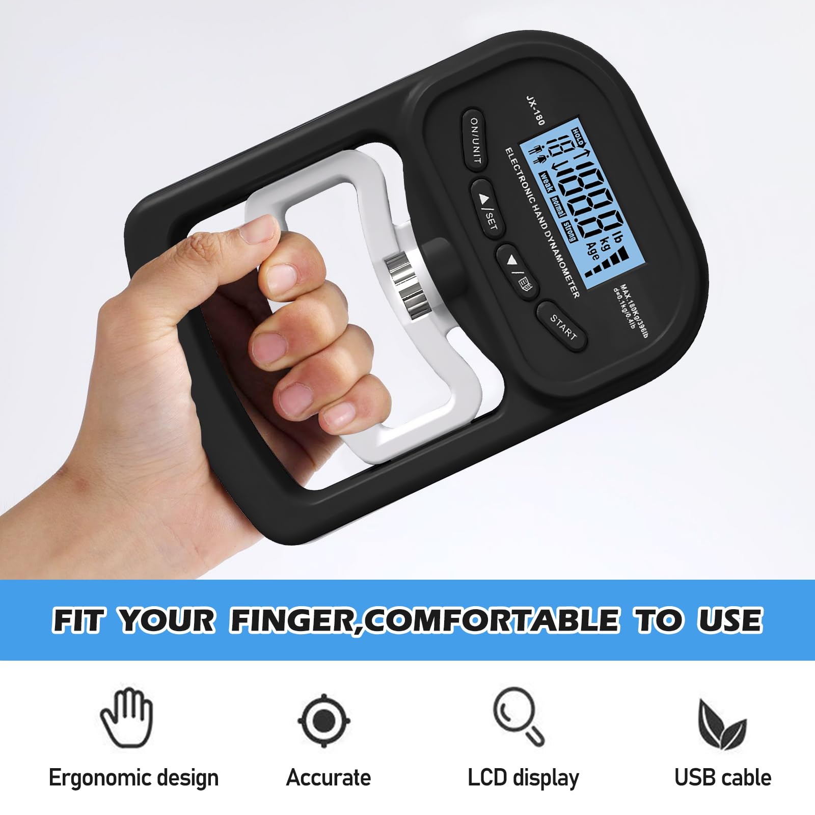 Vegena Dynamomètre de Force Manuelle, 198 Livres/90 Kilogrammes, Dynamomètre de Préhension avec Affichage LED et Câble de Chargement USB, Appareil de Mesure de La Force de La Main