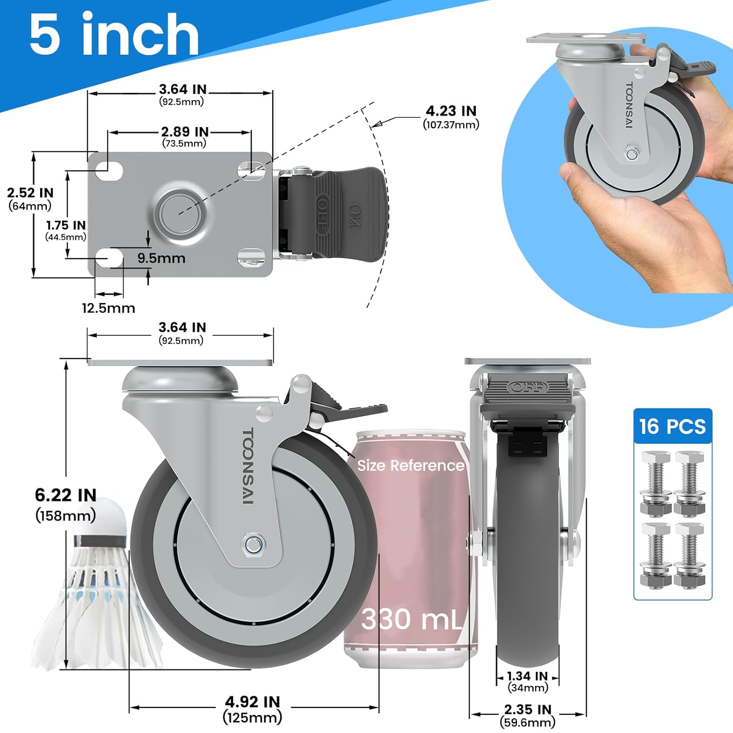 5 Inch Dual Locking Heavy Duty Caster Wheels Set of 4, for Carts Lockable Rubber Castor, Heavy Load 1350 Lb, Industrial Plate Swivel Wheel for Workbench, Toolbox, Hardware with Brake and Bearings